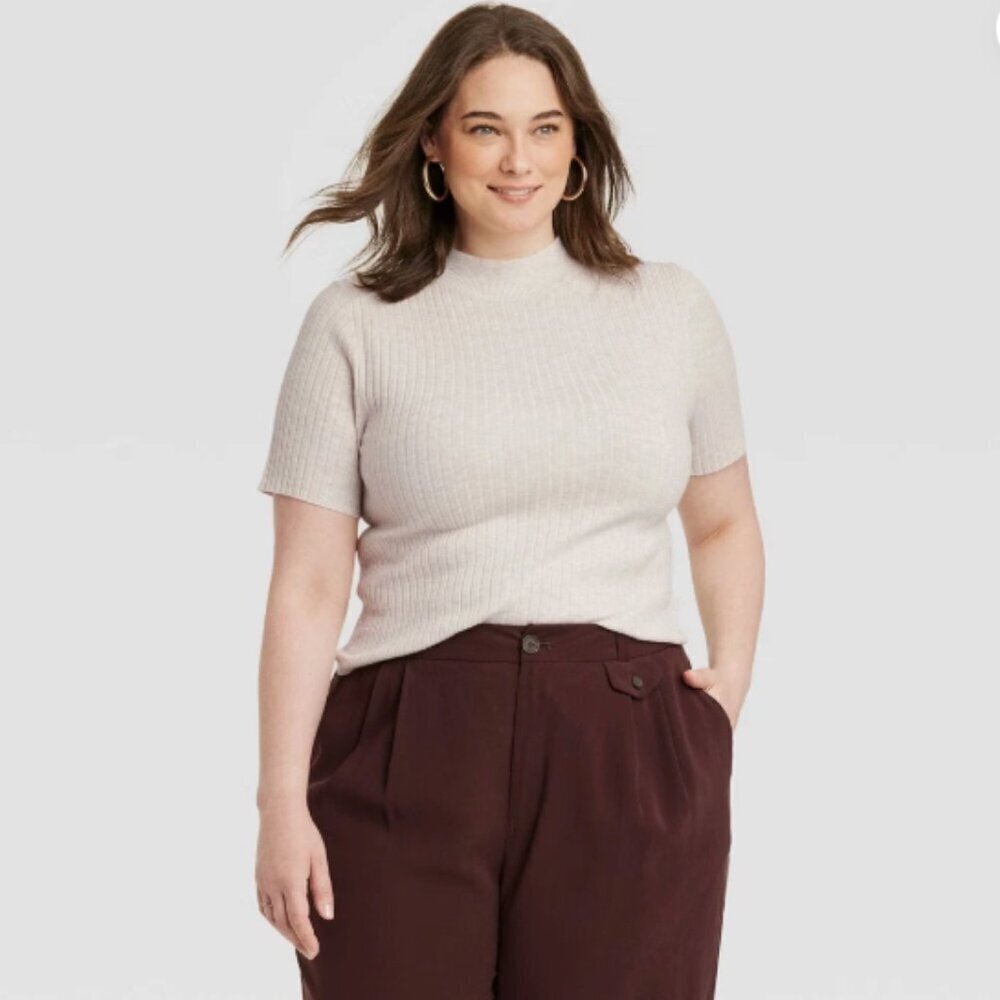 A New Day Women's Size XS Lightweight Mock Neck Rib-Knit Sweater Soft Oatmeal